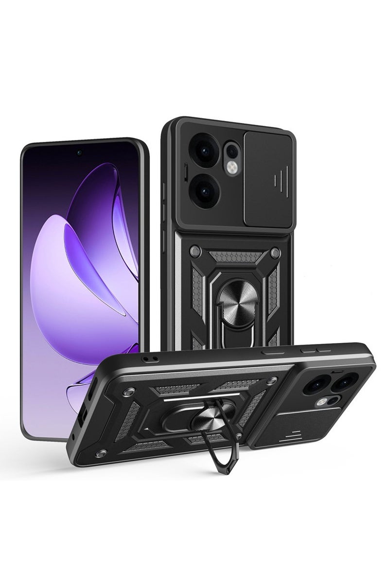 لـ OPPO Reno14 F غطاء الحالة, غطاء عدسة الكاميرا الشريحة, حامل الحلقة المغناطيسية مقعد حالة الهاتف الوقائي لـ OPPO Reno14 F, أسود