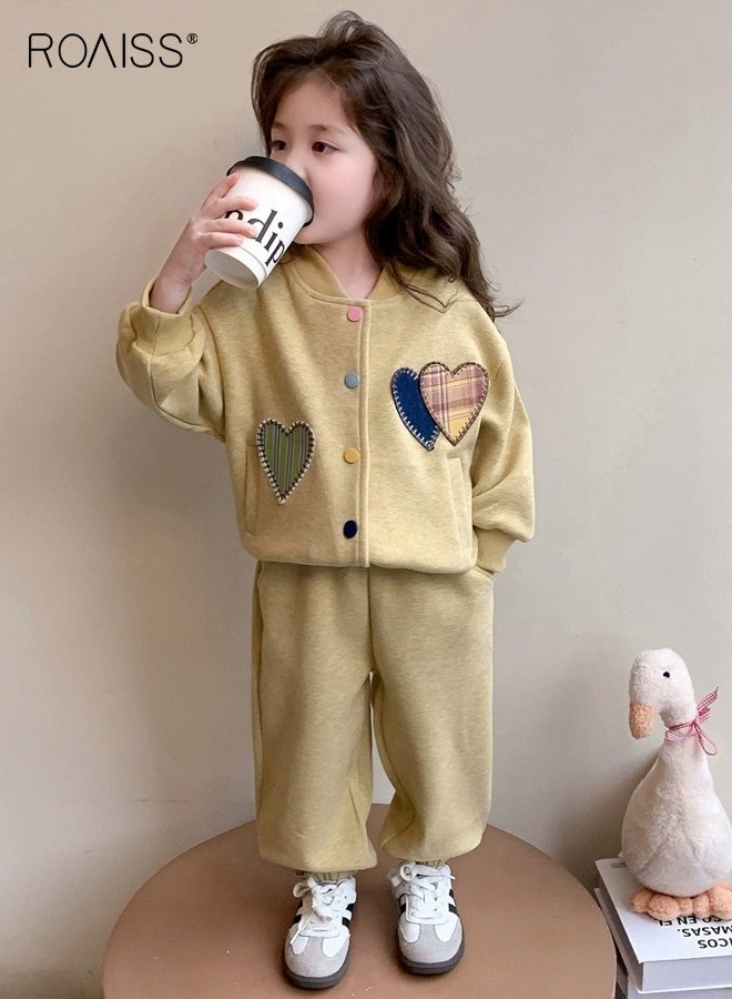 رويس طقم ملابس من قطعتين للفتيات، سترة بيسبول بأكمام طويلة وسروال رياضي مع جيوب، طقم رياضي أنيق وعصري للفتيات، طقم رياضي مريح مع سترة بأزرار وسروال بخصر مطاطي، طقم مثالي للارتداء اليومي والرياضة والأنشطة الخارجية - Image 1