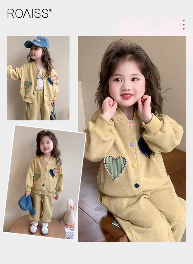 رويس طقم ملابس من قطعتين للفتيات، سترة بيسبول بأكمام طويلة وسروال رياضي مع جيوب، طقم رياضي أنيق وعصري للفتيات، طقم رياضي مريح مع سترة بأزرار وسروال بخصر مطاطي، طقم مثالي للارتداء اليومي والرياضة والأنشطة الخارجية - Image 3