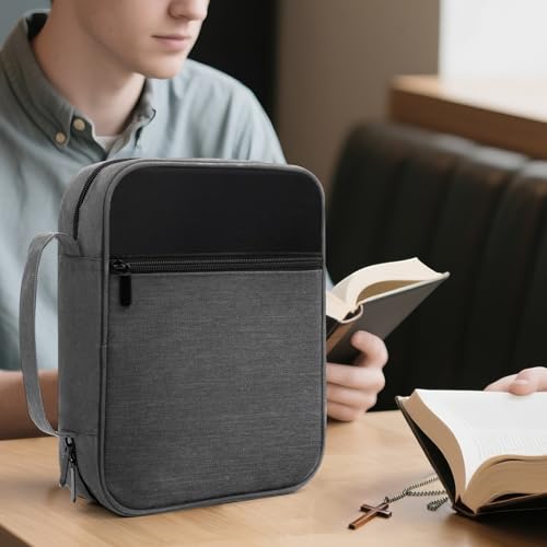 PPeen Bible Cover for Men Bible Book Cover Canvas Carrying Case Book Protector Case Large Bible Cover with Durable Handle Bible Study Supplies Accessories Christian Gifts (Black+Grey, Large) - Image 4