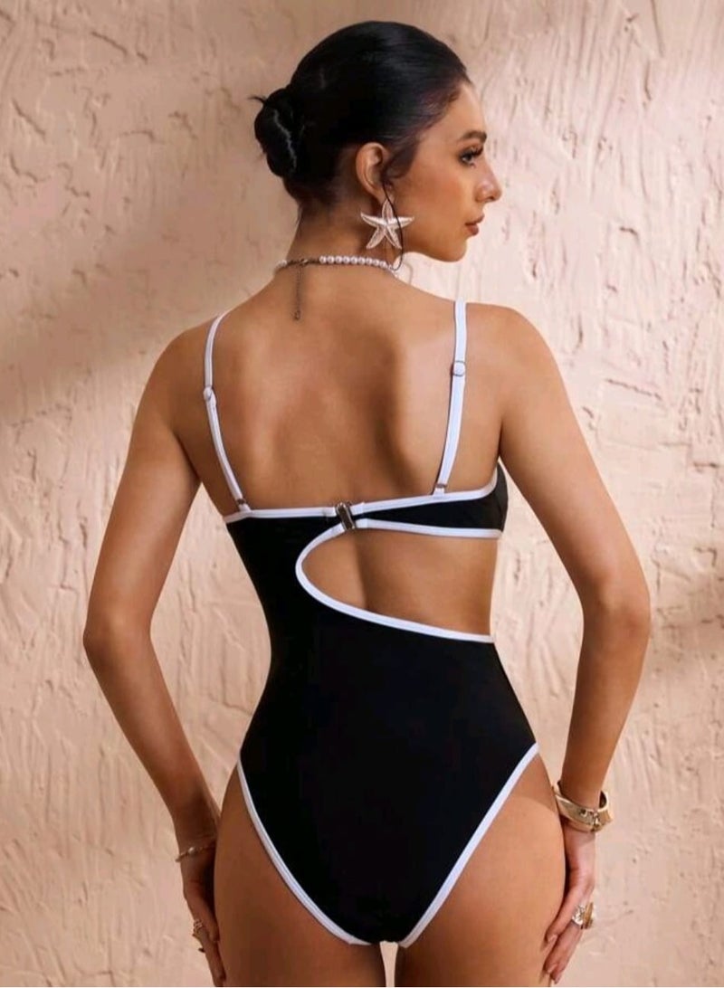 Shein SHEIN Swim 1pc Women's  Strap Black & White Color Block One-Piece SwimsuiT - Image 4