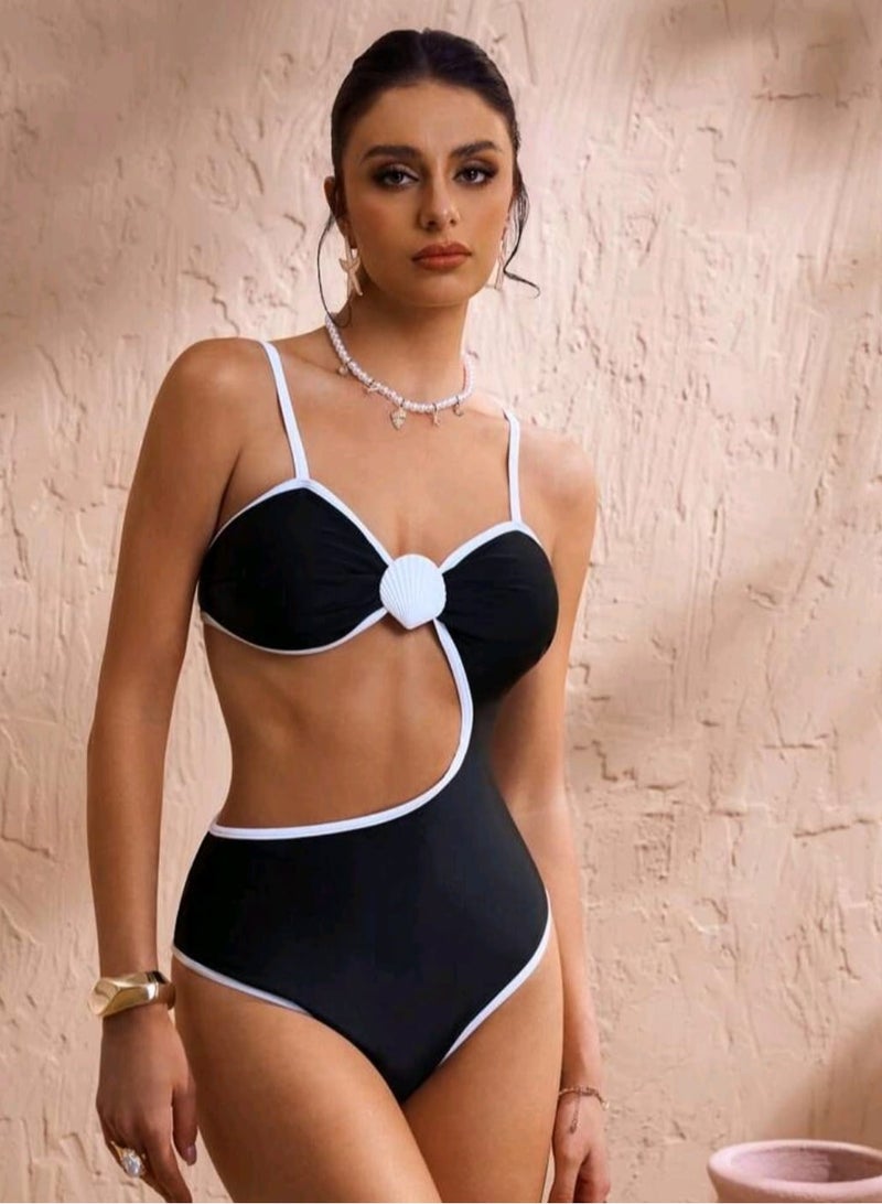 Shein SHEIN Swim 1pc Women's  Strap Black & White Color Block One-Piece SwimsuiT - Image 1