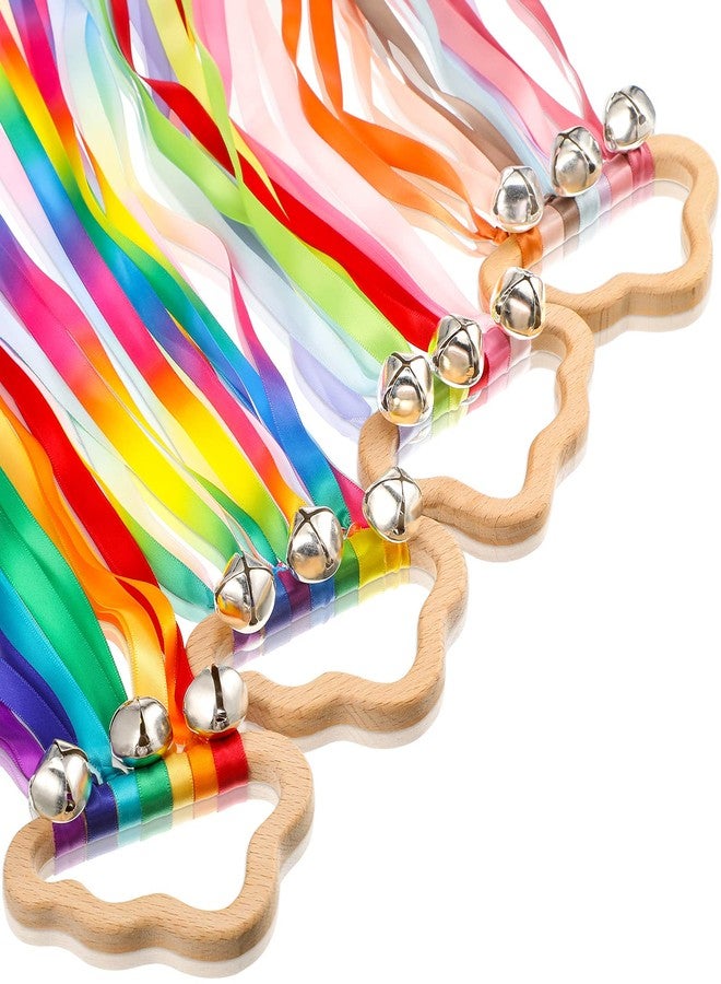 Aoriher 4 Pieces Rainbow Hand Ribbon Kite with Bells Wind Wand Dancing Ribbon Streamer Cloud Wood Sensory Toys Wooden Educational Toy for Party Birthday(Bright Colors) - Image 1