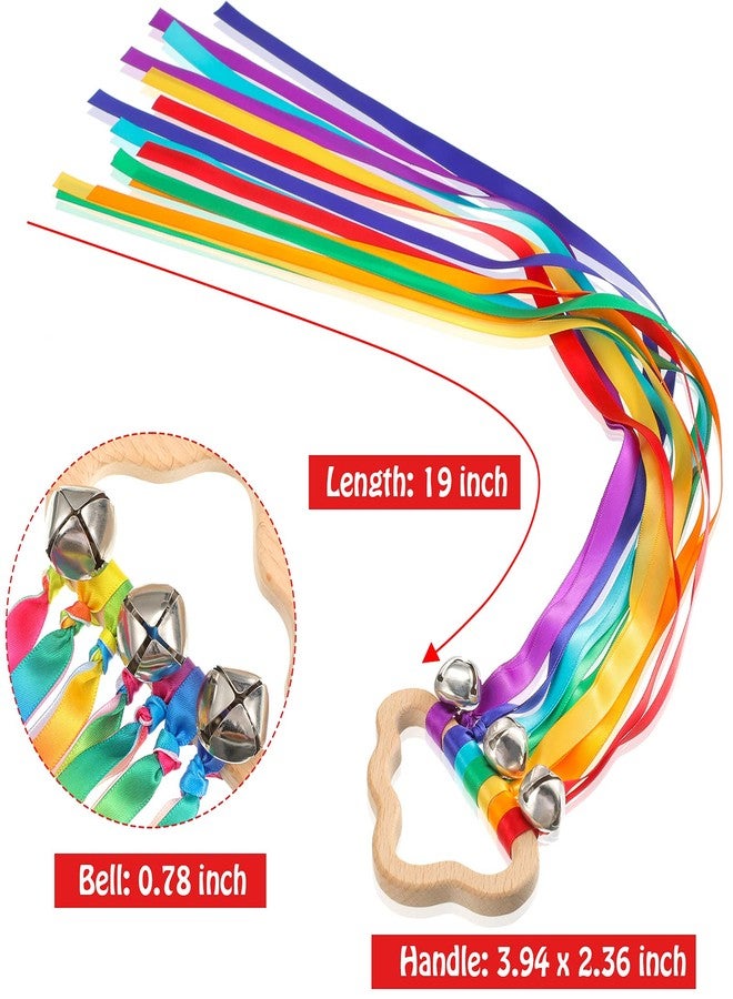 Aoriher 4 Pieces Rainbow Hand Ribbon Kite with Bells Wind Wand Dancing Ribbon Streamer Cloud Wood Sensory Toys Wooden Educational Toy for Party Birthday(Bright Colors) - Image 2