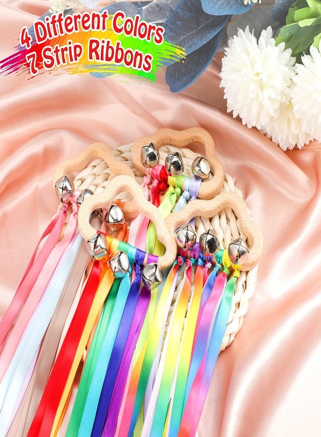 Aoriher 4 Pieces Rainbow Hand Ribbon Kite with Bells Wind Wand Dancing Ribbon Streamer Cloud Wood Sensory Toys Wooden Educational Toy for Party Birthday(Bright Colors) - Image 4