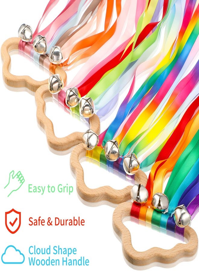 Aoriher 4 Pieces Rainbow Hand Ribbon Kite with Bells Wind Wand Dancing Ribbon Streamer Cloud Wood Sensory Toys Wooden Educational Toy for Party Birthday(Bright Colors) - Image 3