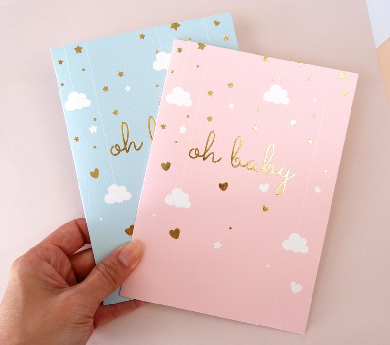 CHRIZ.Z Baby Shower Card - Single Greeting Cards 5"" X 7"" With Kraft Envelope - Foil Printing ""Oh Baby!"" Congratulations Baby Shower For Newborn Baby- Blank Inside (Blue  Gold) - Image 5