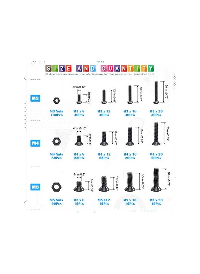 Glarks Glarks 510Pcs Metric M3 M4 M5 Alloy Steel Socket Cap Screws Hex Head Bolt Nuts Assortment Kit - Black Oxide Finish  - Image 2