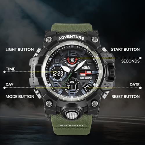 V2A Resin Military Green Chronograph Analogue And Digital Sports Watch For Men And Boys (Army Green), Black Dial, Black Band - Image 3