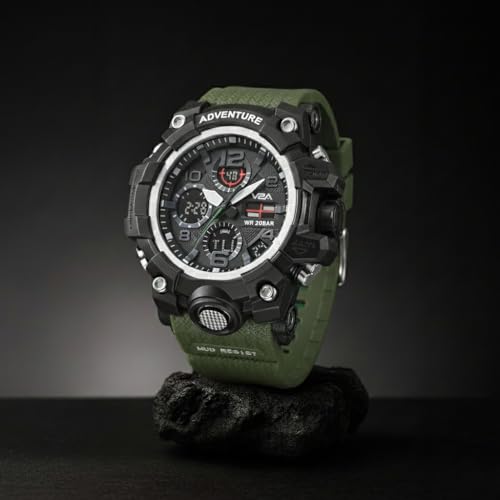 V2A Resin Military Green Chronograph Analogue And Digital Sports Watch For Men And Boys (Army Green), Black Dial, Black Band - Image 5