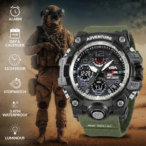 V2A Resin Military Green Chronograph Analogue And Digital Sports Watch For Men And Boys (Army Green), Black Dial, Black Band - Image 4