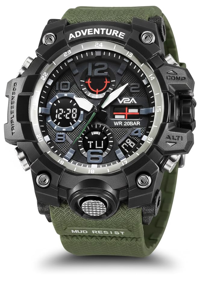 V2A Resin Military Green Chronograph Analogue And Digital Sports Watch For Men And Boys (Army Green), Black Dial, Black Band - Image 1