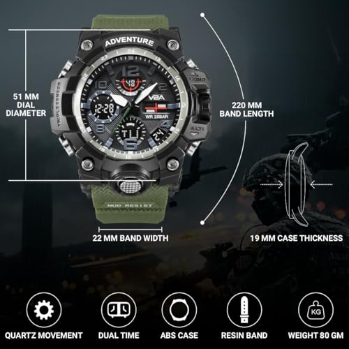 V2A Resin Military Green Chronograph Analogue And Digital Sports Watch For Men And Boys (Army Green), Black Dial, Black Band - Image 2