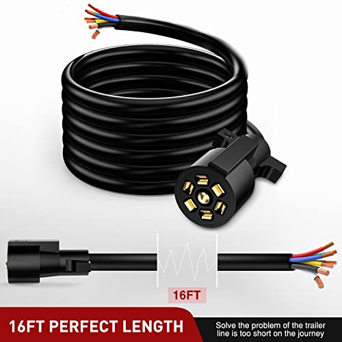 Nilight 7Way 16FT 7 Way Trailer Extension Cord Heavy Duty Plug Inline Cord 16 FT for Truck Camper Blade Molded RV Cable Wire Weatherproof Corrosion Resistant 7 Pin Trailer Plug Wire Harness - Image 2