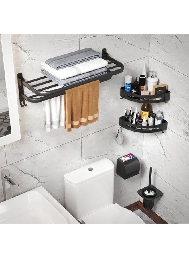 Wall Mounted Towel Shelf with Double Foldable Rails, Stainless Steel Black Bathroom Towel Rack with Hooks - Image 3