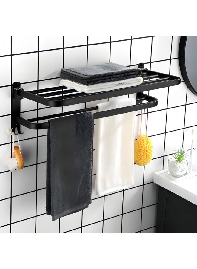 Wall Mounted Towel Shelf with Double Foldable Rails, Stainless Steel Black Bathroom Towel Rack with Hooks - Image 1