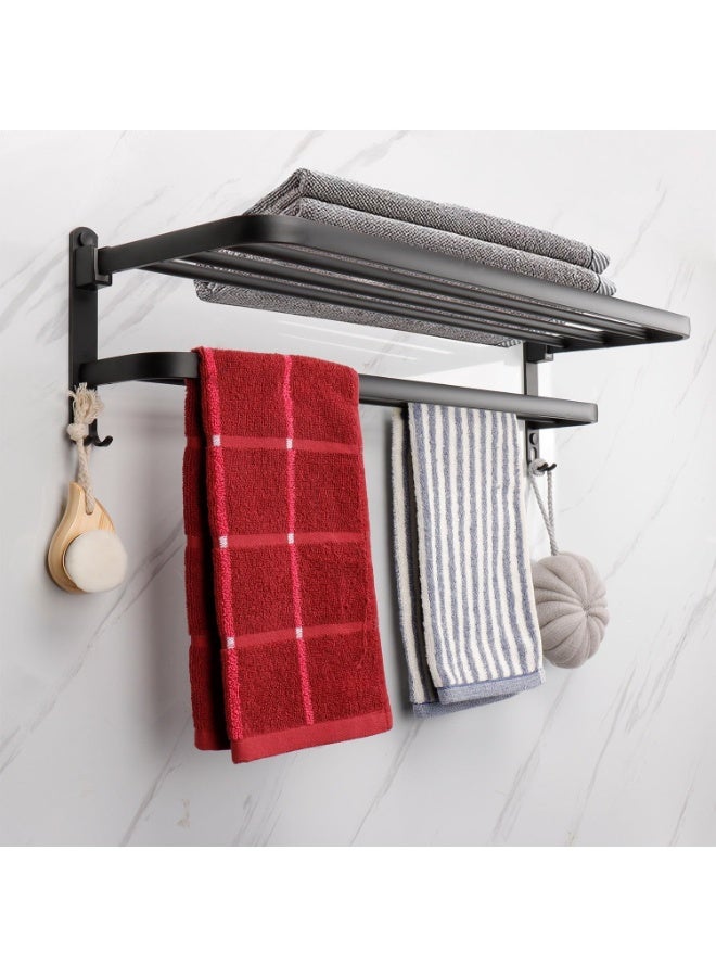 Wall Mounted Towel Shelf with Double Foldable Rails, Stainless Steel Black Bathroom Towel Rack with Hooks - Image 2