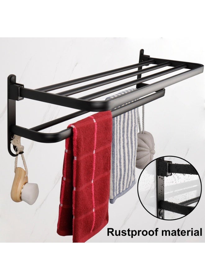 Wall Mounted Towel Shelf with Double Foldable Rails, Stainless Steel Black Bathroom Towel Rack with Hooks - Image 4