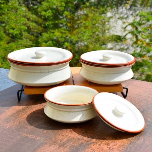 StyleMyWay Hand Crafted Ceramic Handi with Lid (Set of 3, 1500 ml, 1000 ml and 700 ml, Off White) | Dinner Serving Set | Serving Pots | Biryani Handis | Gift Pack - Image 2