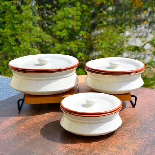 StyleMyWay Hand Crafted Ceramic Handi with Lid (Set of 3, 1500 ml, 1000 ml and 700 ml, Off White) | Dinner Serving Set | Serving Pots | Biryani Handis | Gift Pack - Image 3