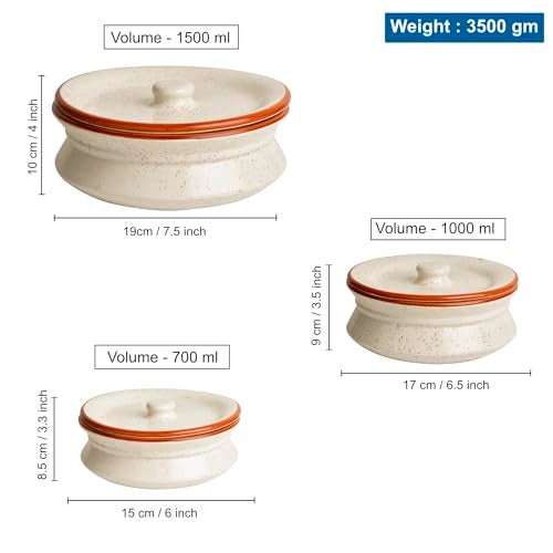 StyleMyWay Hand Crafted Ceramic Handi with Lid (Set of 3, 1500 ml, 1000 ml and 700 ml, Off White) | Dinner Serving Set | Serving Pots | Biryani Handis | Gift Pack - Image 5