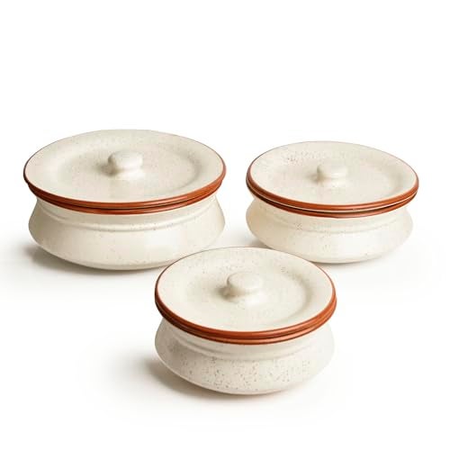 StyleMyWay Hand Crafted Ceramic Handi with Lid (Set of 3, 1500 ml, 1000 ml and 700 ml, Off White) | Dinner Serving Set | Serving Pots | Biryani Handis | Gift Pack - Image 4