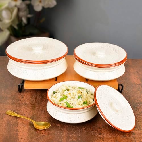 StyleMyWay Hand Crafted Ceramic Handi with Lid (Set of 3, 1500 ml, 1000 ml and 700 ml, Off White) | Dinner Serving Set | Serving Pots | Biryani Handis | Gift Pack - Image 1