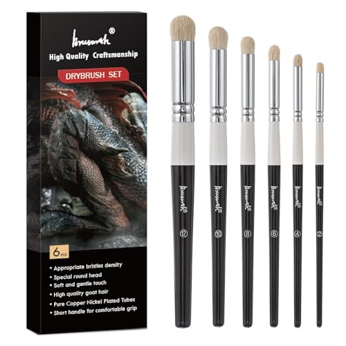 Brusarth Drybrush Set-Hobby Detail Paint Brush Set, 6 Sizes Goat Hair Acrylic Paint Brushes for Tabletop & Wargames Miniature Watercolor Oil Painting, Model for Beginners & Professional - Image 1