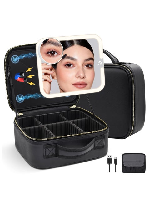 Makeup Bag with Magnetic Detachable Lighted Mirror, Travel Makeup Bag with Mirror 360° Angle Portable Large Cosmetic Case Organizer Waterproof Makeup Bag with Mirror and Light 3 Color Modes