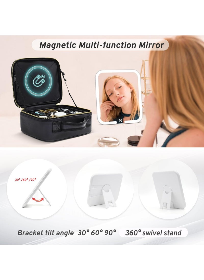 Makeup Bag with Magnetic Detachable Lighted Mirror, Travel Makeup Bag with Mirror 360° Angle Portable Large Cosmetic Case Organizer Waterproof Makeup Bag with Mirror and Light 3 Color Modes