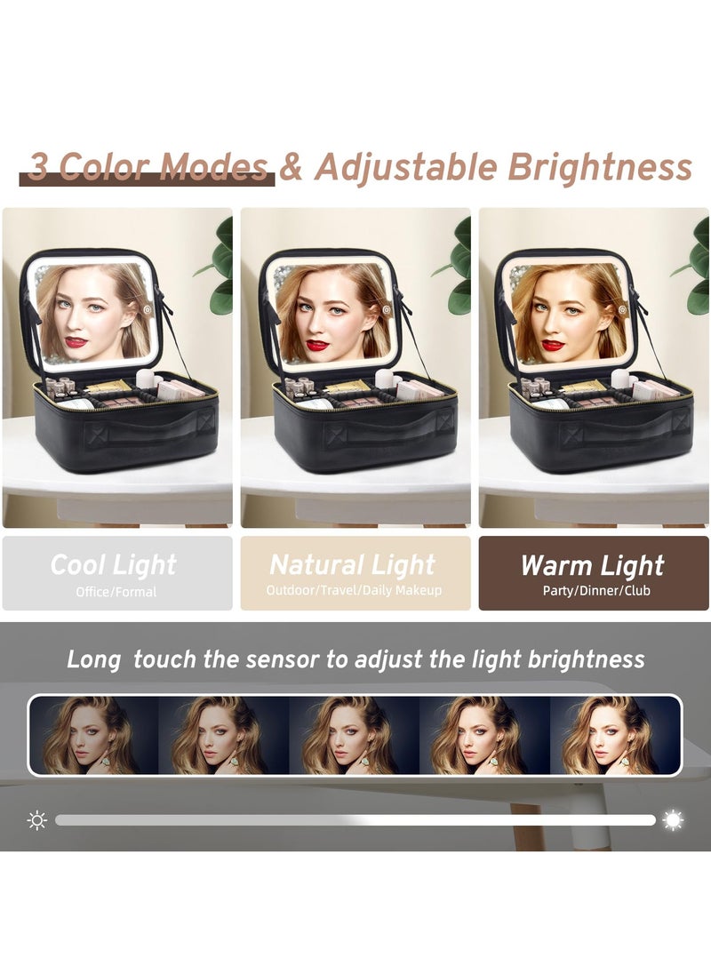 Makeup Bag with Magnetic Detachable Lighted Mirror, Travel Makeup Bag with Mirror 360° Angle Portable Large Cosmetic Case Organizer Waterproof Makeup Bag with Mirror and Light 3 Color Modes