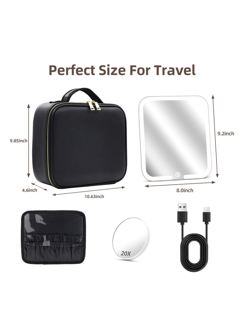 Makeup Bag with Magnetic Detachable Lighted Mirror, Travel Makeup Bag with Mirror 360° Angle Portable Large Cosmetic Case Organizer Waterproof Makeup Bag with Mirror and Light 3 Color Modes