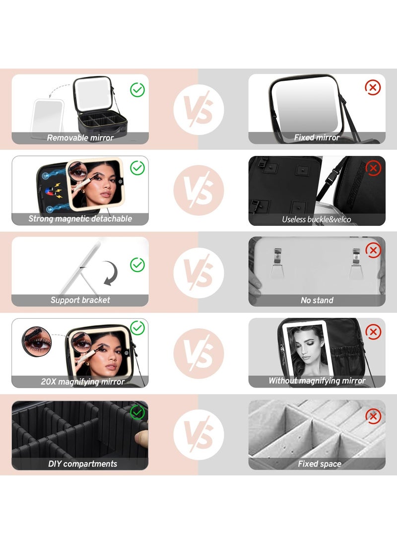 Makeup Bag with Magnetic Detachable Lighted Mirror, Travel Makeup Bag with Mirror 360° Angle Portable Large Cosmetic Case Organizer Waterproof Makeup Bag with Mirror and Light 3 Color Modes
