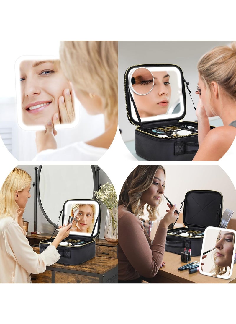 Makeup Bag with Magnetic Detachable Lighted Mirror, Travel Makeup Bag with Mirror 360° Angle Portable Large Cosmetic Case Organizer Waterproof Makeup Bag with Mirror and Light 3 Color Modes