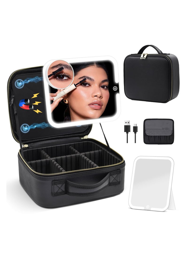 Makeup Bag with Magnetic Detachable Lighted Mirror, Travel Makeup Bag with Mirror 360° Angle Portable Large Cosmetic Case Organizer Waterproof Makeup Bag with Mirror and Light 3 Color Modes