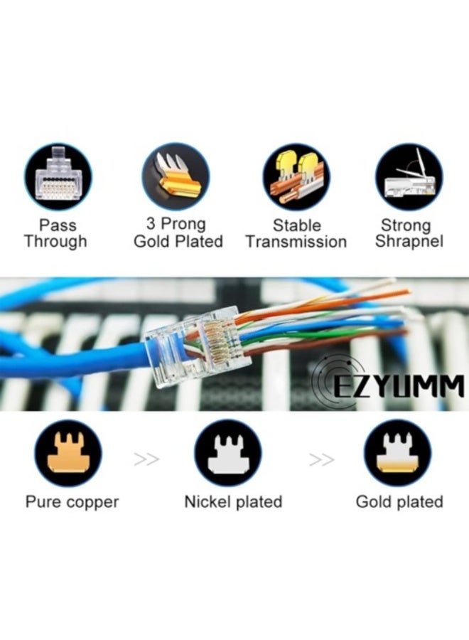 Chabeia 20-Pack RJ45 Pass Through Connector, Cat 5 Cat 6 connectors, Gold Plated 8P8C Modular Plugs for Solid/Stranded UTP Network Cable - Image 2