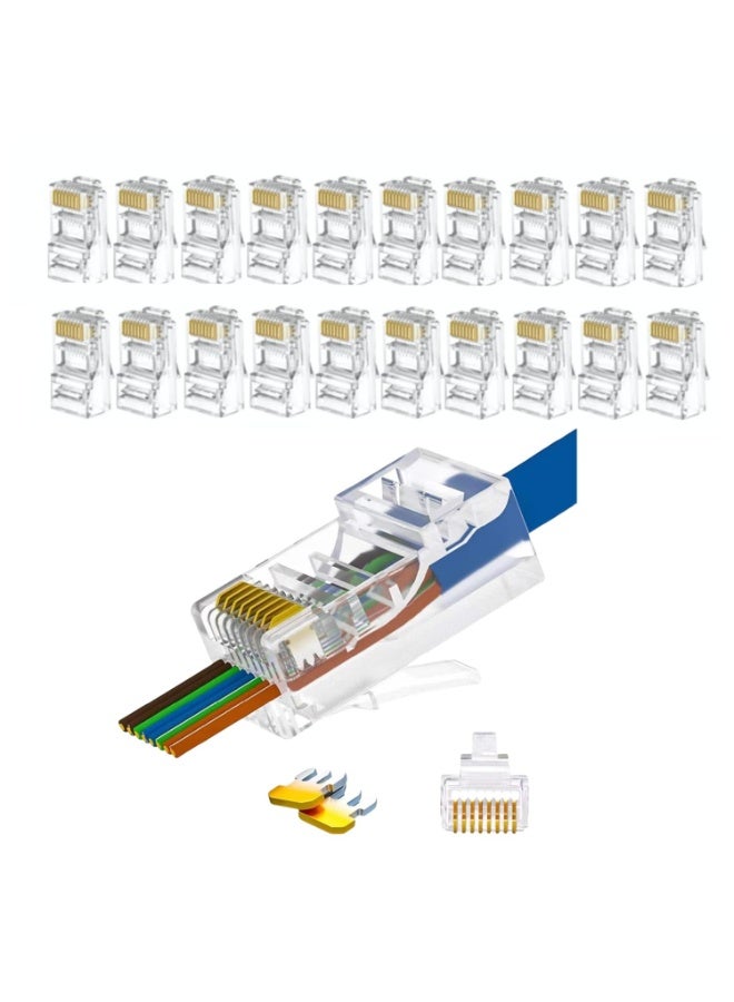 Chabeia 20-Pack RJ45 Pass Through Connector, Cat 5 Cat 6 connectors, Gold Plated 8P8C Modular Plugs for Solid/Stranded UTP Network Cable - Image 1