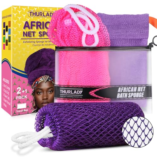 THURLADY African Exfoliating Net Sponge 2 Pack Exfoliating Body Back Scrubber Bath Sponge for Shower Exfoliating Washcloth Loofah Towel FullBody Gentle Cleansing Daily Exfoliation Pink Purple - Image 1