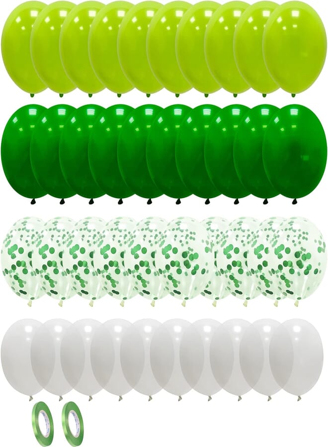 Pack of 60 Balloons, Green Balloons with Confetti Balloons, Helium Balloons for Christening Children Nursery Jungle Birthday Party Decoration Boys Safari Birthday Decoration Balons Garland