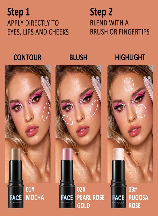 XMXueMei 3PCS Cream Contour Stick Kit,Matte Waterproof Blush Highlighter Bronzer Contour Stick with Brush,Non-greasy Creamy Travel Size Contouring Stick Makeup Set for Face,Suitable for All Skin Types - Image 3