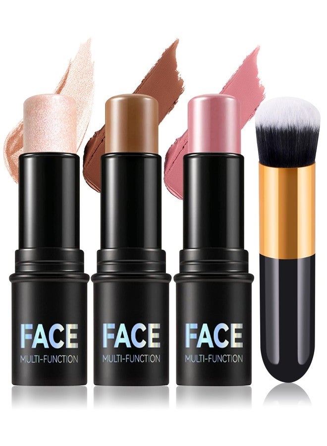 XMXueMei 3PCS Cream Contour Stick Kit,Matte Waterproof Blush Highlighter Bronzer Contour Stick with Brush,Non-greasy Creamy Travel Size Contouring Stick Makeup Set for Face,Suitable for All Skin Types - Image 1
