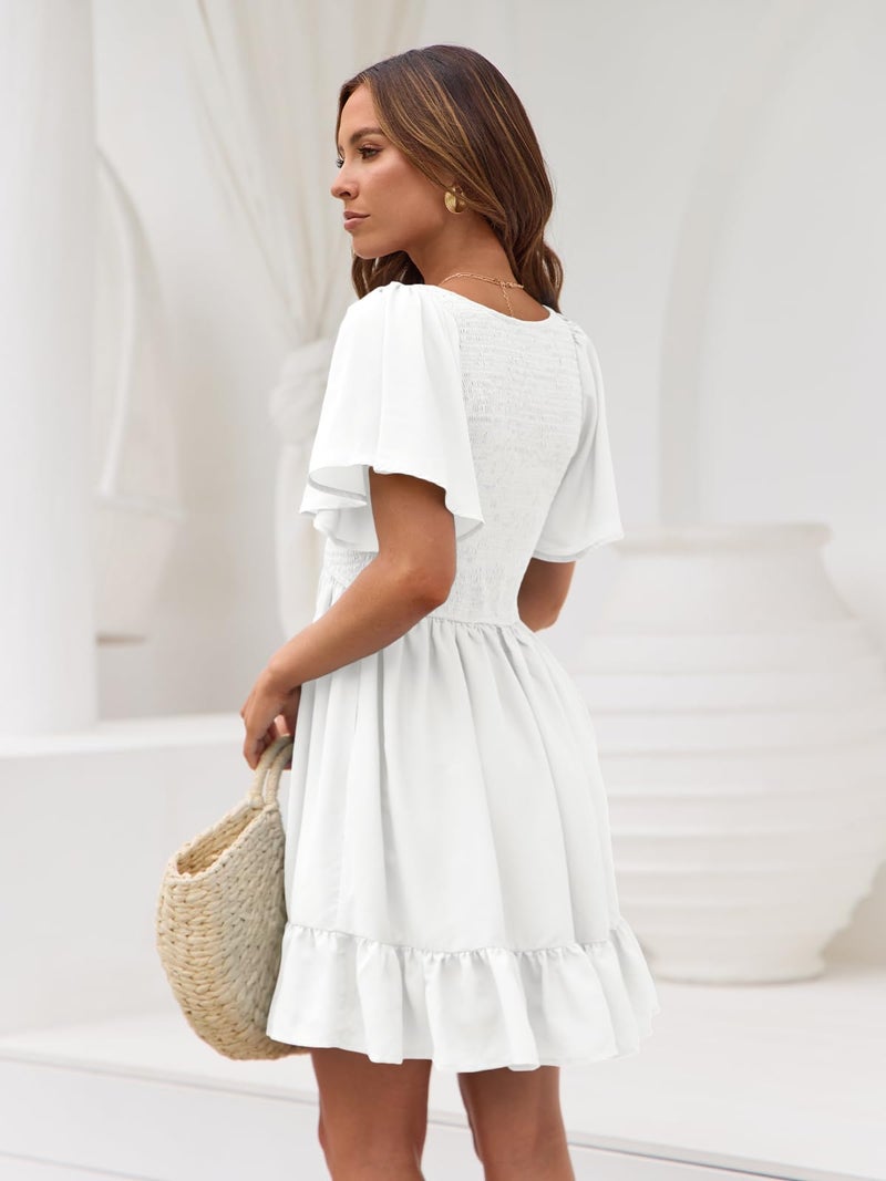 LILLUSORY Women's Flowy Casual Mini Dresses 2026 Summer Graduation Smocked V Neck Vacation Dress Dress with Pockets White S - Image 2