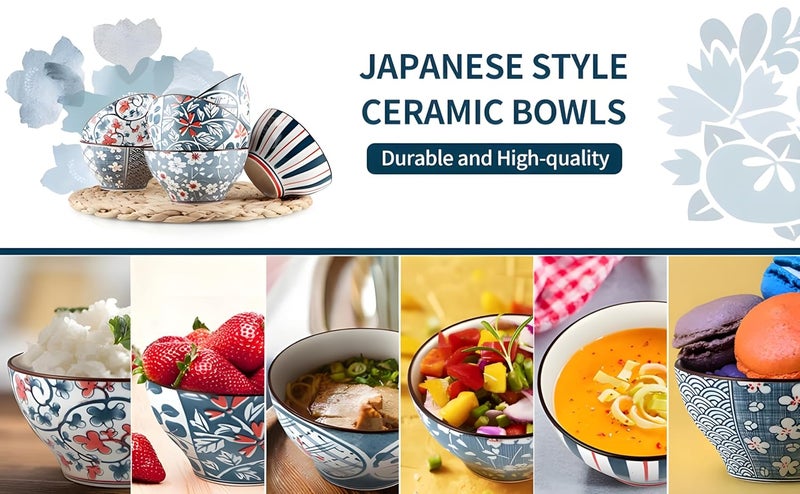 yomith Ceramic Bowls for Serving Cereal Soup Oatmeal Ice Cream Salad Pasta etc Microwave Safe 350ml Japanese Style Corlorful Dessert Bowl Set for Kitchen Set of 6 - Image 4