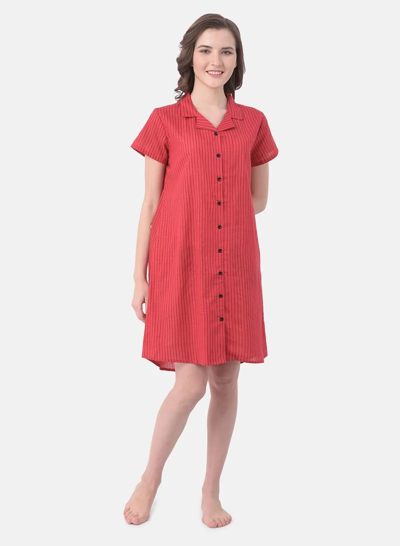 كلوفيا Clovia Button Me Up Sassy Stripes Short Night Dress In Red - Cotton