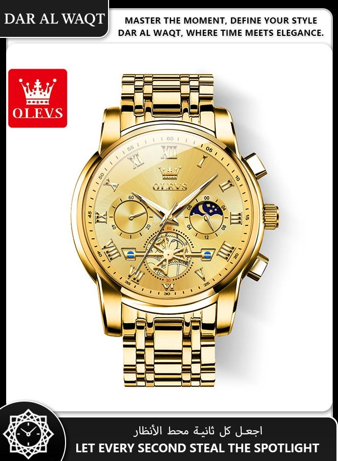 أوليفز ساعة OLEVS للرجال – كوارتز مضاد للماء، قرص هيكلي مضيء، سوار فولاذ ذهبي كامل، وجه ذهبي - Image 1