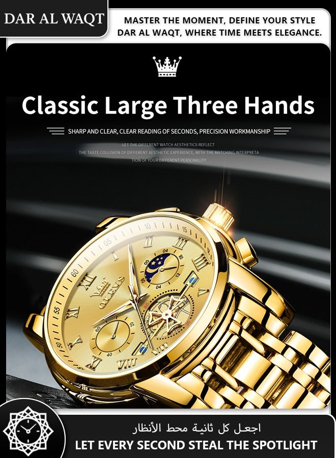 أوليفز ساعة OLEVS للرجال – كوارتز مضاد للماء، قرص هيكلي مضيء، سوار فولاذ ذهبي كامل، وجه ذهبي - Image 5