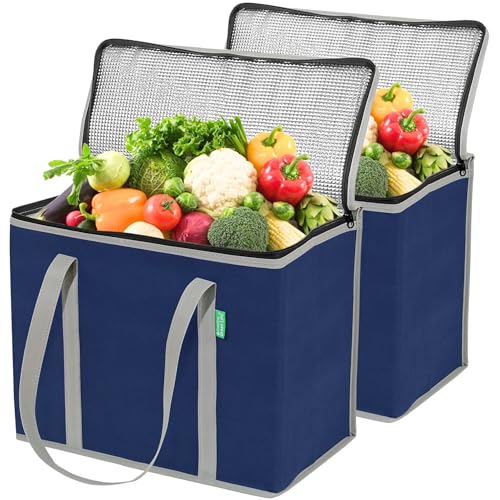 Creative Green Life XL Insulated Reusable Grocery Bags (2-Pack) - Premium Quality Cooler Bags with Hard Bottom Insert - Stands Upright, Machine Washable, Sturdy Zipper - Insulated Bag for Food Delivery Bag (Navy Blue) - Image 1