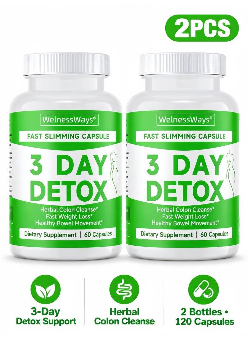 WelnessWays 2-Pack WellnessWays 3 Day Detox Cleansing Capsules, Herbal Colon Cleanse, Improve Intestinal Motility, Support Body Management Dietary Capsules - Image 1