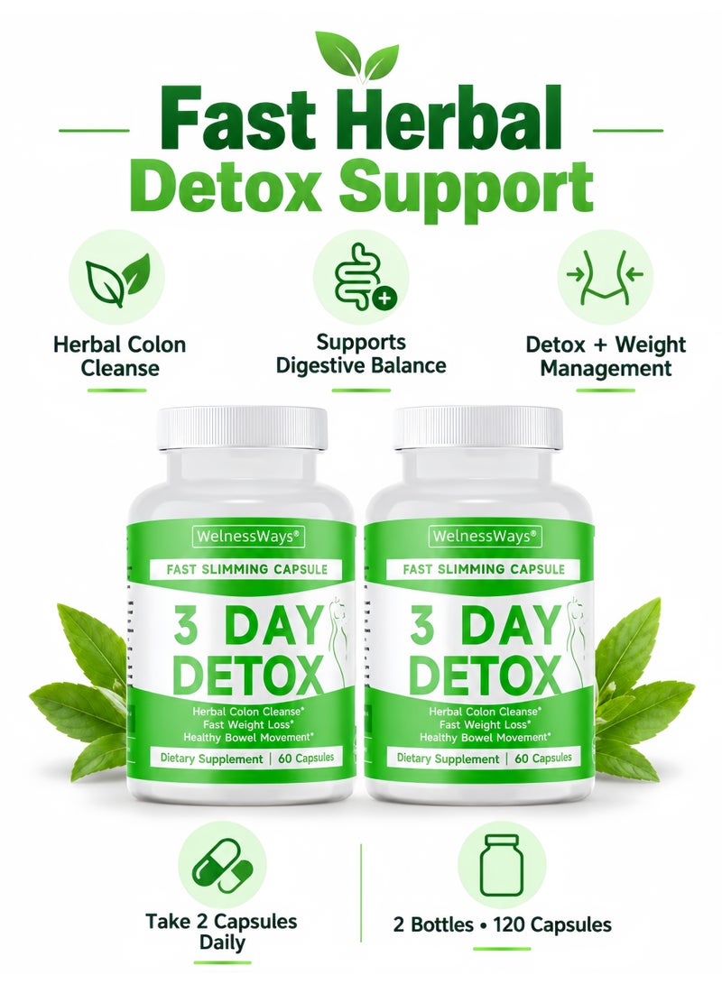 WelnessWays 2-Pack WellnessWays 3 Day Detox Cleansing Capsules, Herbal Colon Cleanse, Improve Intestinal Motility, Support Body Management Dietary Capsules - Image 2