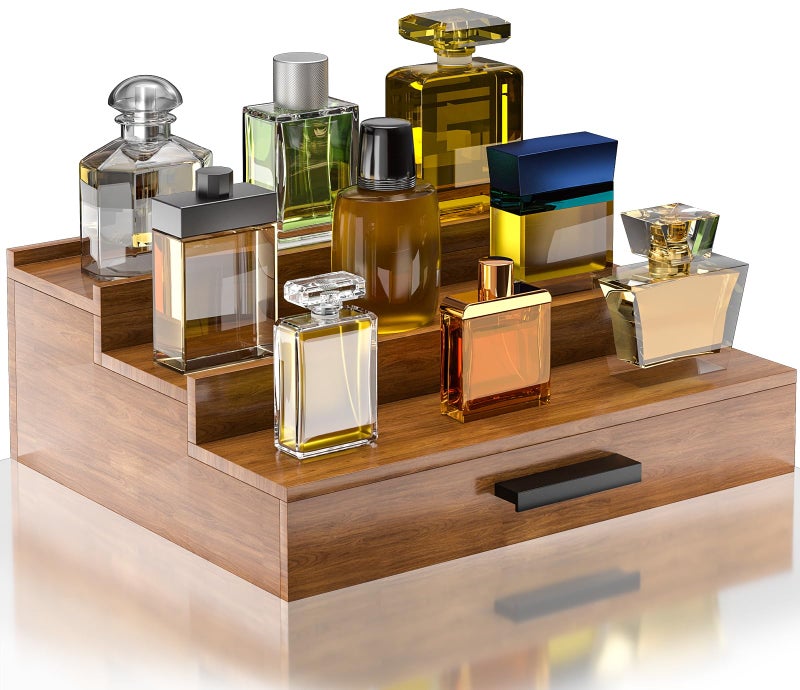Sueuapp Walnut Wood Cologne Organizer for Men 3 Tier Cologne Stand,Wooden Cologne Holder Display Shelf with Hidden Compartment and Drawer,Perfume Organizer Great Gift for Men - Image 1